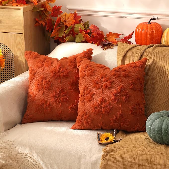 TOYPOPOR Fall Decorations 2 Packs Double Sided Throw Pillow Covers Rust Red Soft Faux Fur Maple Leaf Pillow Case Autumn Harvest Thanksgiving Indoor Outdoor Home Decor for Living Room Porch Couch 16x16