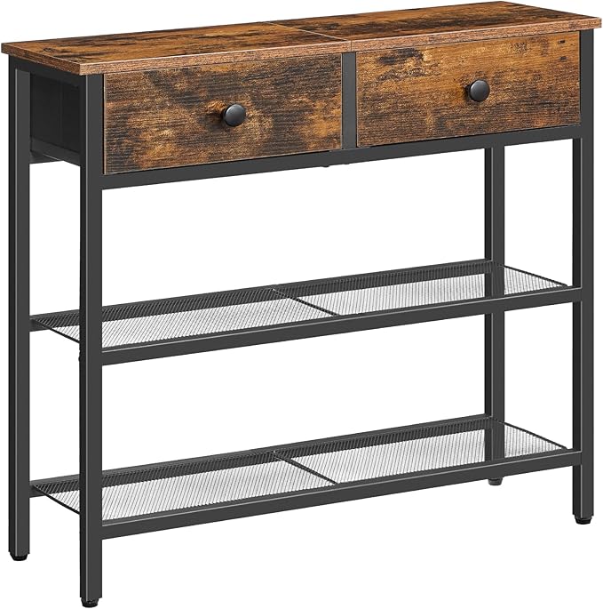 HOOBRO 29.5" Narrow Console Table with 2 Fabric Drawers, Sofa Table, Small Entryway Table with 3-Tier Storage Shelves, Behind Couch Table, for Living Room, Hallway, Rustic Brown and Black BF72XG01