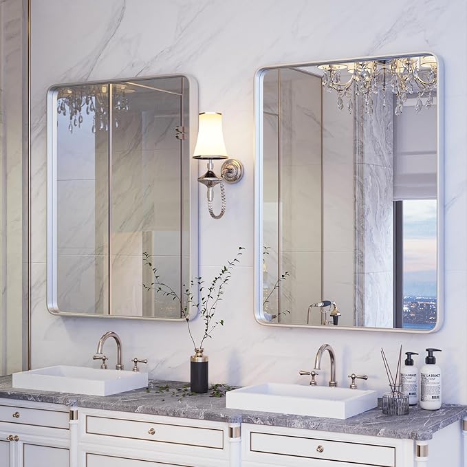 ISKM Silver Framed Mirror for Wall 24"x 32", Bathroom Vanity Mirror Anti-Rust, Tempered Glass, Rounded Rectangle Mirror(Horizontal/Vertical)