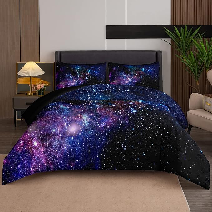 Tailor Shop Galaxy Comforter Set Universe Outer Space Blue and Purple Starry Sky Night Pattern Bedding Set for Girls Boys Kids King Size with 1 Comforter 2 Pillowcases……