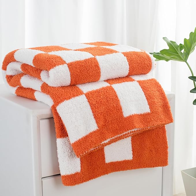Carriediosa Checkered Throw Blanket 50" X 60", 400GSM Ultra Soft Microfiber Fuzzy Fluffy Reversible Cute Preppy Knitted Blankets Cozy Plush Fall Throws for Couch, Bed, Sofa, Burnt Orange
