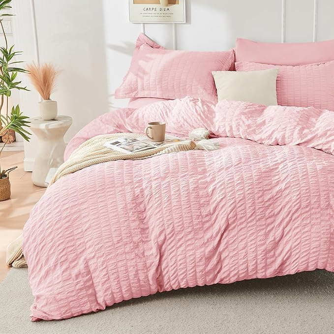 HYMOKEGE Pink Twin Comforter Set Seersucker 5 Pieces, All Season Luxury Bed in a Bag for Bedroom, Bedding Set with Comforters, Sheets, Pillowcase & Sham