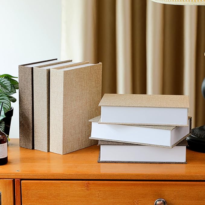 Geyoga 6 Pcs Faux Decorative Books Set for Home Decor Linen Fake Book Storage Box for Coffee Table Bookshelf Mantle Modern Home Decoration Photo Storage DIY Crafts, 8.6 x 6.1 x 1.8 Inch(Coffee Color)