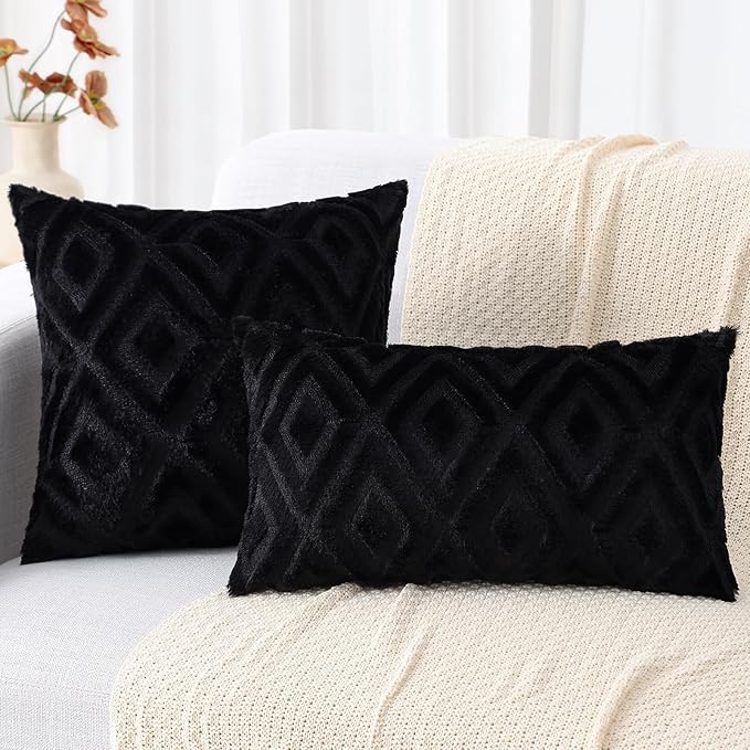 decorUhome Couch Throw Pillow Covers 20x20 Set of 2, Decorative Soft Plush Faux Wool Neutral Accent Pillow Covers for Bed Sofa Living Room, Black