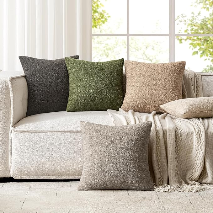 Woaboy Pack of 2 18x18 Inch Decorative Boucle Throw Pillow Covers Textured Square Pillowcaes Accent Solid Cozy Soft Cushion Covers Home Decor for Sofa Couch Living Room Home Decor,Neutral