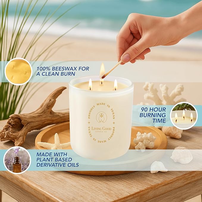 Coastal Breeze - Yuzu & Sea Salt Pure Beeswax Candle – 90+ Hours Long Burning Classically Designed Non-Toxic Scented Candles for Home Decor with Natural Fragrance 15 oz