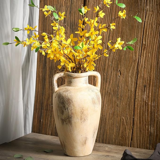 Large Ceramic Flower Vase,11.41 inch Tall Terracotta Farmhouse Rustic Vase with 2 Handles for Home Decor, Living Room Shelf Decor, Enterway, Wedding, Table Decoration