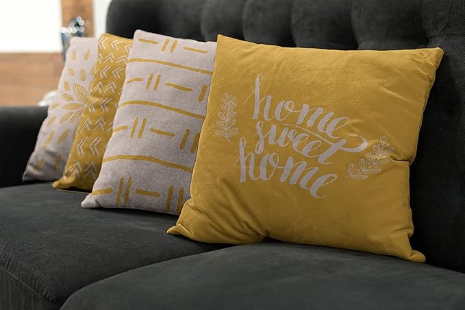 Ambesonne Modern Throw Pillow Cushion Case Pack of 4, Scandinavian Minimal Ornaments Boho Feather Leaves and Home Phrase, Modern Accent Double-Sided Digital Printing, 18", Pale Tan and Earth Yellow