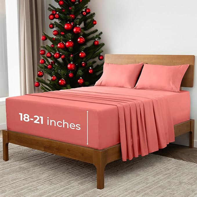 Mellanni Extra Deep Full Sheets - 4 PC Iconic Collection Bedding - Hotel Luxury, Ultra Soft, Cooling Bed Sheets - Wrinkle, Fade, Stain Resistant (Full, Coral)