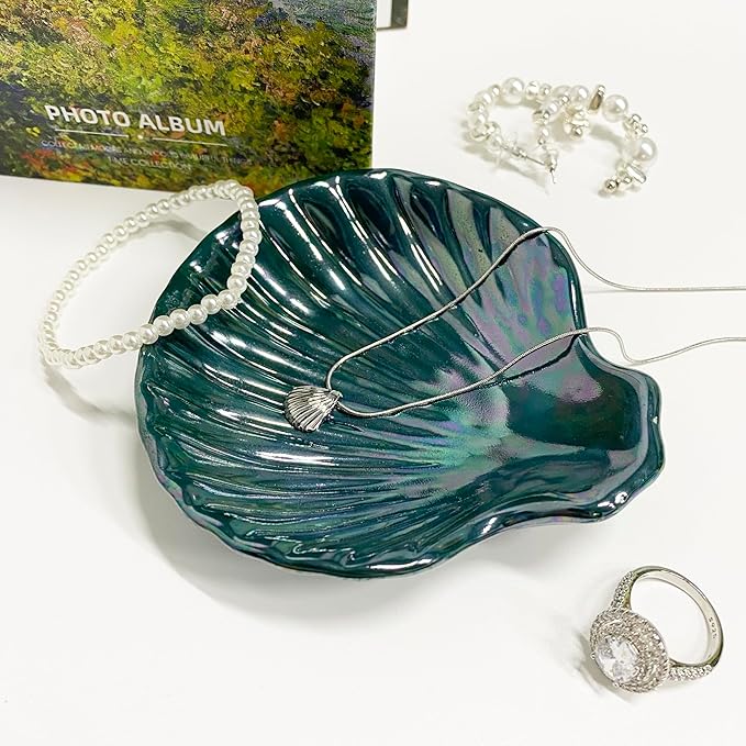 Seashell Trinket Tray, Ceramic Ring Holder Dish for Earrings Ring Necklace, Shell Shape Jewelry Dish Trinket Tray, Ocean Room Decor, 3.9", Deep Teal Iridescent Surface