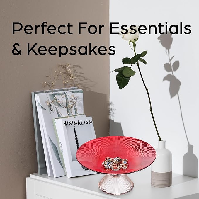 Fruit Bowl – 10” Red Glass Bowl/Decorative Bowl with Ripple Pedestal – Purse bowl, Decorative Bowls for Home Décor, Candy bowl, Decorative Glass Bowl