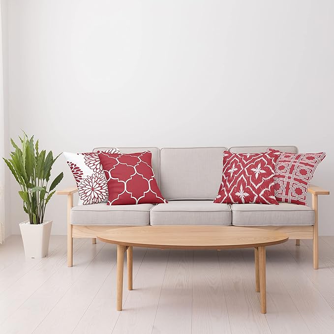 Ambesonne Vintage Throw Pillow Cushion Case Pack of 4, Monochrome Design Grid Trellis Quatrefoil Mesh and Dahlia Flowers Modern Print, Modern Accent Double-Sided Digital Printing, 20", Ruby and White