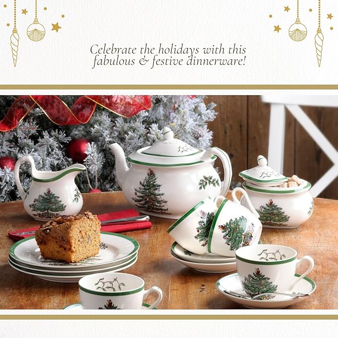 Spode Christmas Tree 5-Piece Holiday Dinnerware Set - Festive Earthenware Tableware with Plates, Teacups, Saucers - Microwave, Dishwasher Safe - Christmas Dinnerware & Holiday Tableware