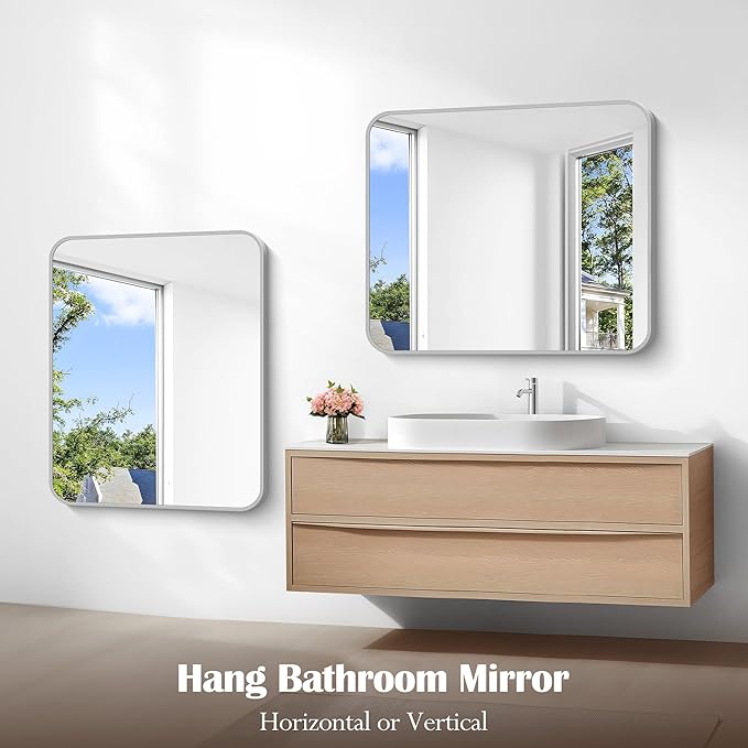 Silver Bathroom Mirror, 30 x 36 Inch Metal Framed Silver Rectangle Mirror, Rounded Corner Rectangular Vanity Mirror, Wall Mounted Mirror for Living Room Bedroom Entryway Horizontal/Vertical
