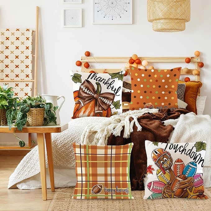 Thanksgiving Pillow Covers 18x18 Set of 4,Football Pillow Velvet Pillow Covers Cute Thanksgiving Autumn Decorative Home Decor for Couch Sofa Bed Living Room