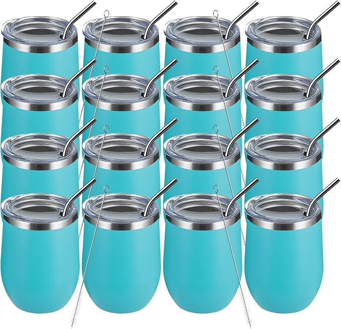 MEWAY 12oz Wine Tumbler 16 Pack Bulk Gifts for Women,Double Wall Vacuum Stainless Steel Travel Mug with Lid,Insulated Stemless Wine Cup Glass for Coffee,Cocktails(Turquoise,Set of 16)