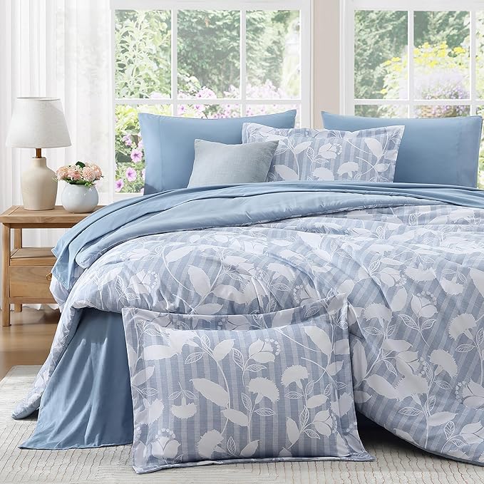 Full Comforter Set -7 Pieces Blue Floral Comforter Set for All Seasons, Bed in a Bag Full with Botanical Flowers Comforter, Sheets, Pillowcases & Shams