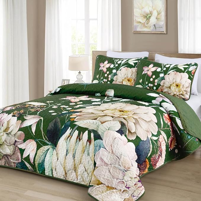 Drucon Floral Quilt King Size - 3 Pieces Green Quilt Botanical Bedspread Soft Lightweight Flower Bedding Set for All Season (104"x90")