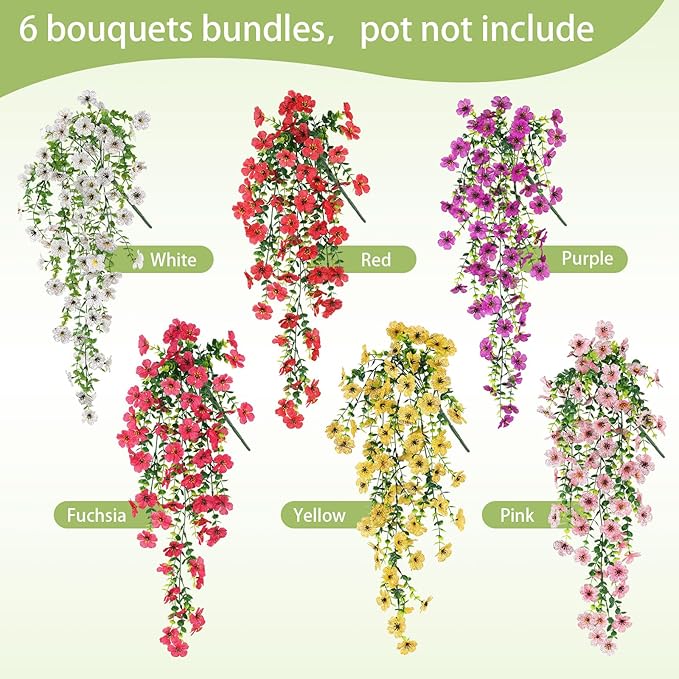 Artificial Hanging Flowers for Outdoors Faux Plants for Spring Summer Decoration,6 Bundles UV Resistant Realistic Silk Flowers Indoor Outside Garden Porch Patio Balcony Yard Farmhouse