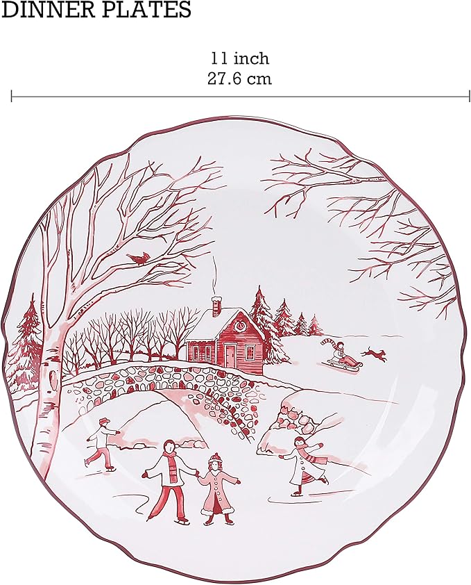 Bico Toile De Jouy Winter Wonderland Scalloped Dinner Plates, Ceramic, 11 inch, Set of 4, for Pasta, Salad, Maincourse, Microwave & Dishwasher Safe