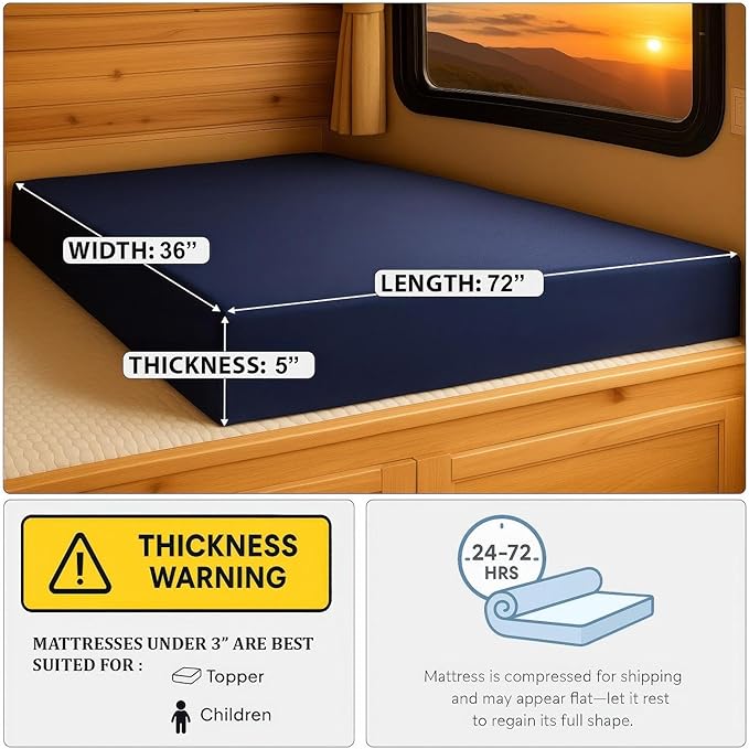 Foamma 5” x 36” x 72” Water Resistant Gel Memory Foam RV Bunk Mattress, Firm High Density Foam Base, Comfortable and Durable Polyester Cover, Truck, Camper, Travel Trailer, Made in USA