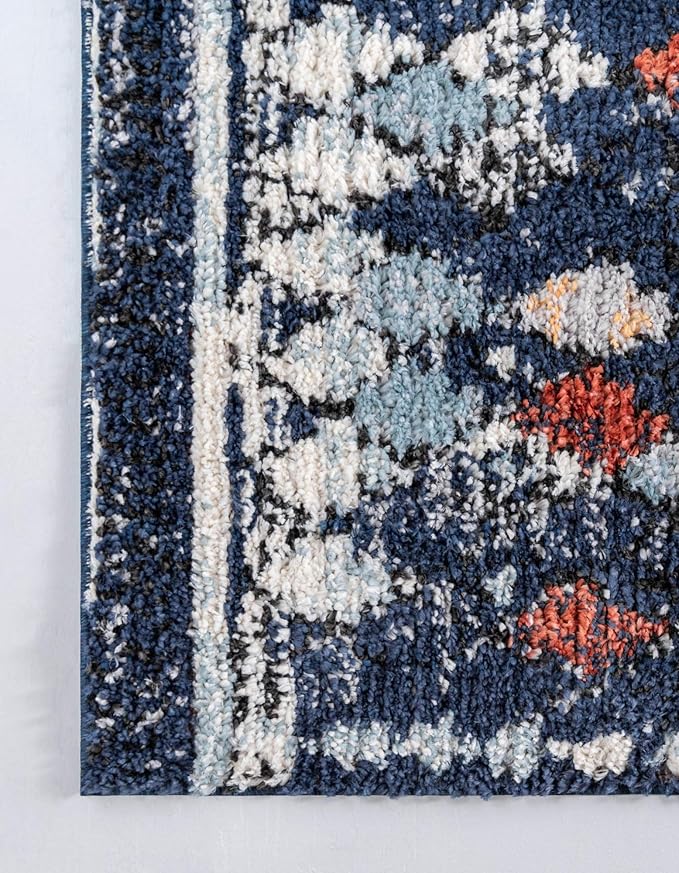 Rugs.com Morocco Collection Rug – 10 Ft Runner Navy Blue High-Pile Rug Perfect for Hallways, Entryways