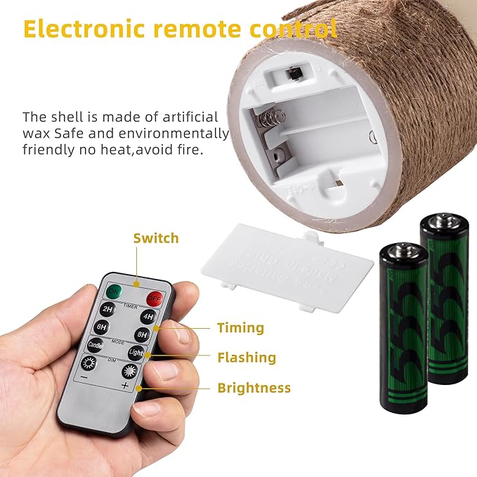 Flameless Candles Battery Operated Pillar Real Wax Electric LED Candle Gift Set with Remote Control and Timer, 4" 5" 6" Pack of 3 (Ivory Wax with Hemp Rope)