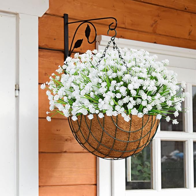 Ouddy Decor 24 Bundles Artificial Flowers for Outdoors UV Resistant Fake Plastic Plants Faux Boston Fern Greenery Stems for Spring Summer Indoor Garden Patio Window Box Kitchen Home Decor, White
