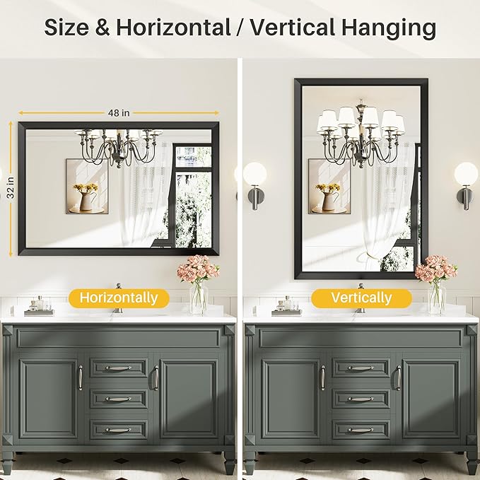 48x32 Inch Black Bathroom Mirror for Wall, Thick Metal Framed Rectangle Mirrors for Over Sink, Bedroom, Living Room, Entryway, Anti-Rust, HD Tempered Glass