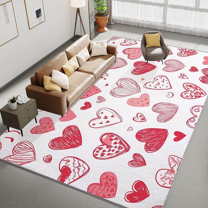 Area Rug 8x10 ft Cartoon Hand-Painted Red Love Living Room Non-Slip Rug, 3D Print Floor Carpet, Soft Large Area Rugs for Bedroom Dining Room Kitchen, Washable Low-Pile Rug