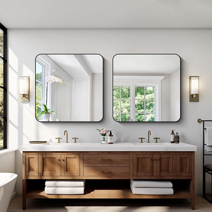 Black Bathroom Mirrors for Wall, 30"x30" Square Mirror, Rounded Corner Metal Frame Wall Mirror, Bathroom Vanity Mirror for Bedroom Living Room Entryway Horizontal Or Vertical Mounting