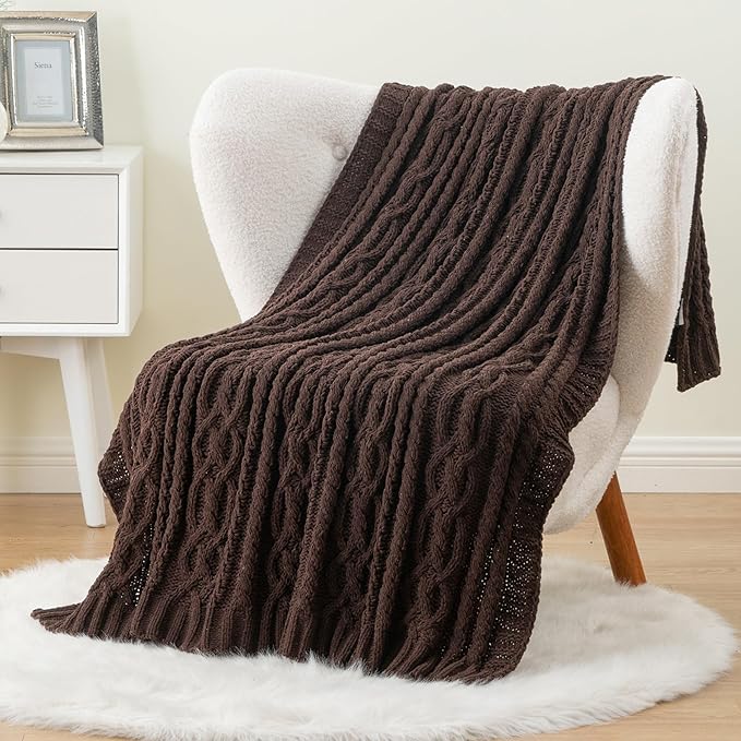 Battilo Dark Brown Throw Blanket for Couch, 51"x67" Soft Chenille Knit Throw Blanket for Home Decor, Soft Cozy Blanket, Decorative Chocolate Brown Blanket for Bed, Living Room