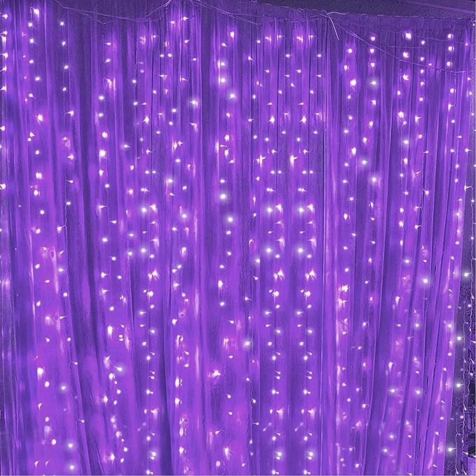 Dazzle Bright Curtain String Lights, 300 LED 9.8ft x 9.8ft 8 Lighting Modes Fairy Lights USB Powered, Waterproof Lights for Halloween Christmas Party Wedding Outdoor Indoor Wall Decorations (Purple)