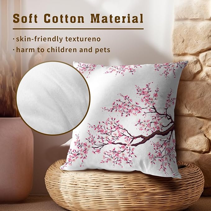 Cherry Blossom Throw Pillow Cover - Japanese Decorative Pillowcases 22x22 Inch Set of 2, Pink Flower Pillow Cases With Hidden Zipper for Home Cushion Decor