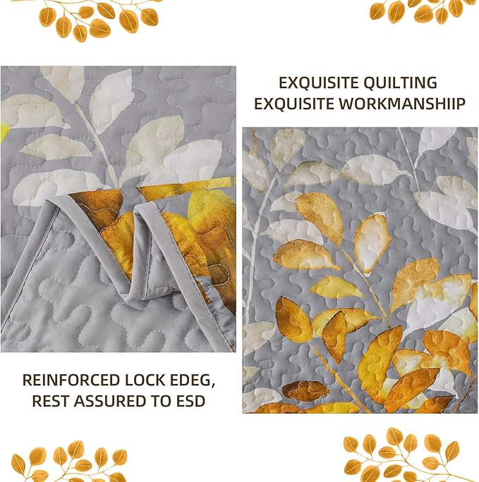 WONGS BEDDING Gold Quilt Set Queen Size, 3 Pieces Grey Gold Floral Bedspread Coverlet Set, Soft Microfiber Lightweight Floral Bedding Set Queen 96"×90"