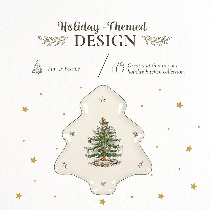 Spode Christmas Tree Holiday Platter - 14-Inch Tree-Shaped Serving Plate, Fine Porcelain Holiday Tableware - Festive Party Server, Seasonal Decor - Christmas Dinnerware