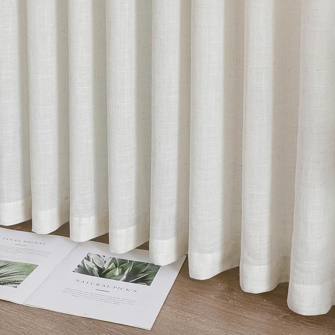 Neutral Linen Sheer Pinch Pleated Sliding Door Curtains, 2x50 Inches Width, Ivory Beige Light Filtering Drapes 90 Inches Long, Textured Modern Farmhouse Window Curtain Panels
