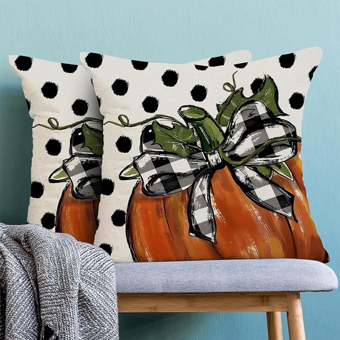 Fall Pillow Covers 18 x 18 Inch, Burnt Orange Pumpkin Polka Dots Decor Throw Pillows for Home Couch Bed, Autumn Thanksgiving Harvest Outdoor Decorative Pillowcase Linen Cushion Cover Set of 2