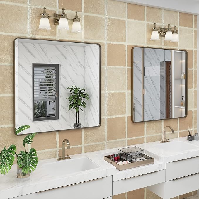 36x36 Square Bathroom Framed Mirror for Wall, Brushed Bronze Metal Bathroom Vanity Mirror, Rounded Rectangle Mirror, Anti-Rust, Tempered Shatterproof (Horizontal/Vertical)