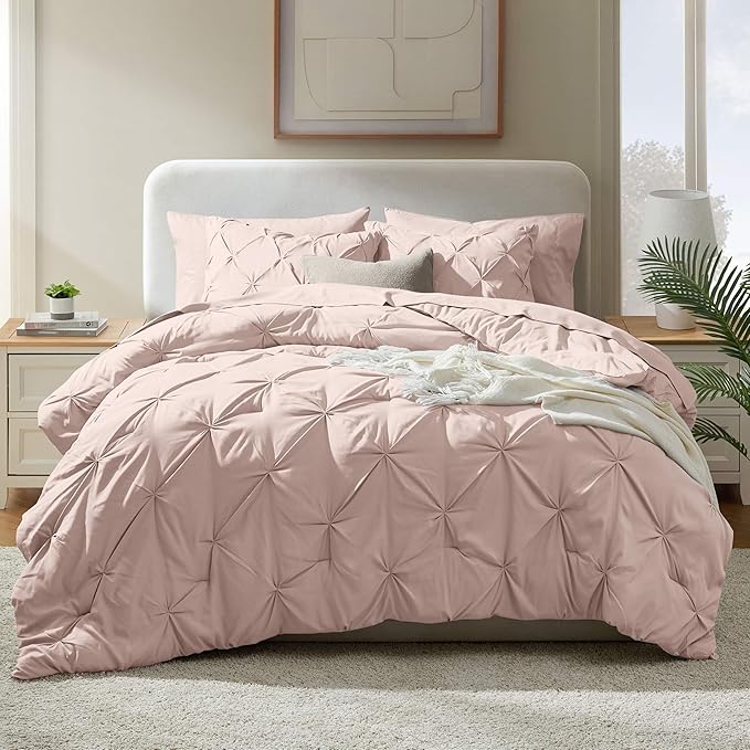 Nestl 7 Piece Comforter Set - Pinch Pleated Bedding Set in Blush Pink, All Season Full Size Bed Set With Sheets, Comforter, Pillowcases and Shams