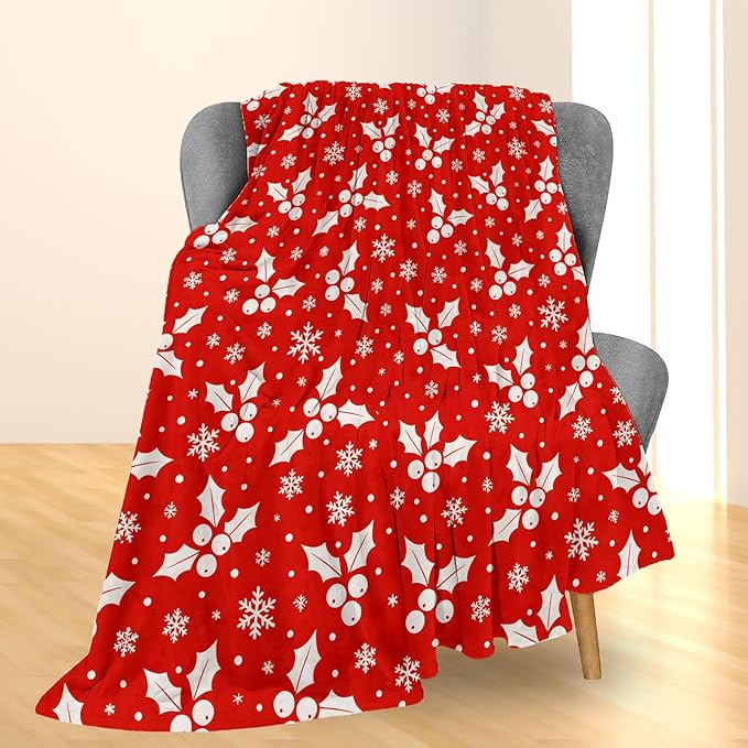 Christmas Holly Berry Blanket, Soft Lightweight Flannel White Holly Leaves Snowflakes Throw Blanket for Couch, Bed, Travel & Decor Gifts, Cozy Warm Fuzzy Holiday Blankets for Women Girls 50×40 in