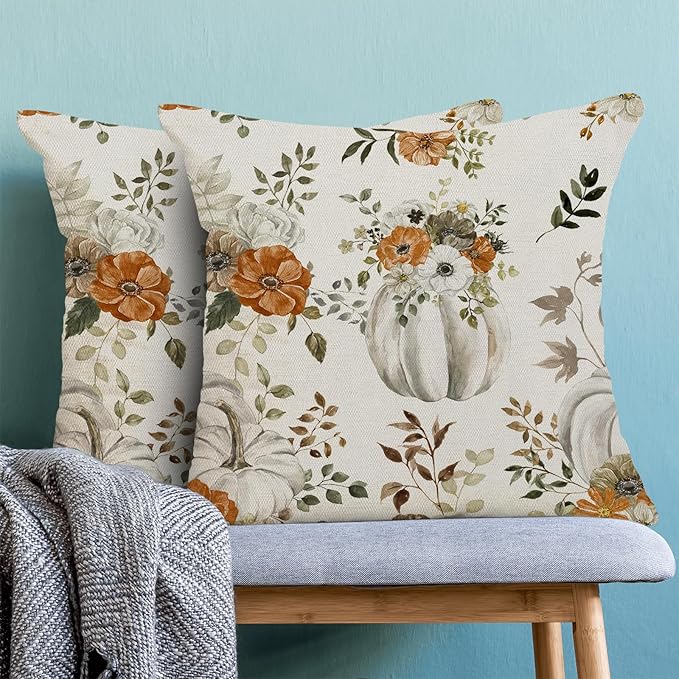 Fall Pillow Covers 20 x 20 Inch, Watercolor Grey Pumpkin Floral Leaf Decor Throw Pillows for Home Couch Bed, Autumn Harvest Thanksgiving Decorative Pillowcase Linen Cushion Cover Set of 2