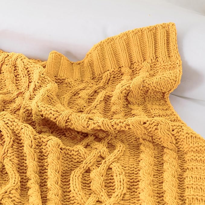 Battilo Mustard Yellow Throw Blanket 51"x67" Chenille Knitted Throw Blanket for Couch, Gold Throw Blankets for Home Decor, Summer Fall Decor Blanket