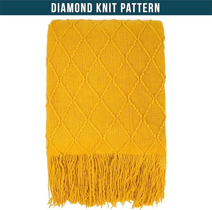 PAVILIA Mustard Yellow Knit Throw Blanket for Couch Bed, Soft Knitted Farmhouse Sofa Throw for Living Room, Lightweight Decorative Fall Throw Blanket for Chair, Outdoor Textured Boho Blanket, 50x60