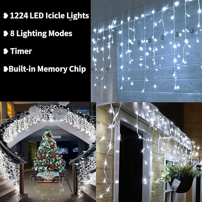 Toodour Christmas Icicle Lights Outdoor, 1224 LED 100ft 8 Modes Fairy Icicle String Light with 204 Drops, Led Christmas Lights Twinkle for Holiday, Party, Wedding, Eaves, Xmas Decorations (White)