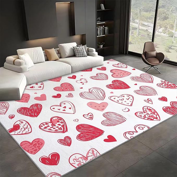 Area Rug 8x10 ft Cartoon Hand-Painted Red Love Living Room Non-Slip Rug, 3D Print Floor Carpet, Soft Large Area Rugs for Bedroom Dining Room Kitchen, Washable Low-Pile Rug