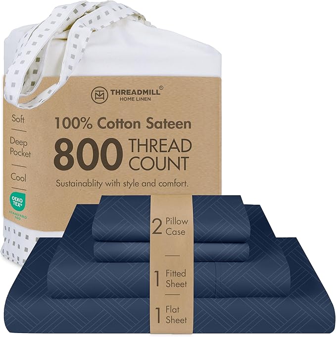 Threadmill Luxury Full Size Sheets for Full Size Mattress | 800 Thread Count Cotton sheets | Jacquard Celine Folkstone Blue| Better Than Egyptian Cotton| 4 Pc Bed Sheets | With Elasticized Deep Pocket