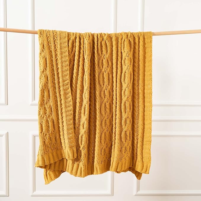 Battilo Mustard Yellow Throw Blanket 51"x67" Chenille Knitted Throw Blanket for Couch, Gold Throw Blankets for Home Decor, Summer Fall Decor Blanket