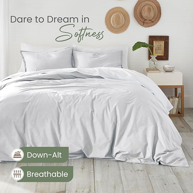 EcoPure Martex Comfort Wash 3-Piece Solid Full/Queen Comforter Set – 100% Organic Cotton - All-Season - Breathable & Lightweight – Easy Care - White