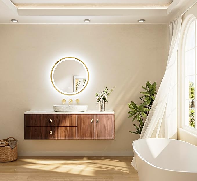 TETOTE Gold Round Led Mirror with Lights 24 Inch Metal Framed Round Circle Lighted Bathroom Vanity Mirror Wall Mounted, Front and Backlit 3 Color Stepless Dimmable Anti Fog, Shatterproof, CRI 90+